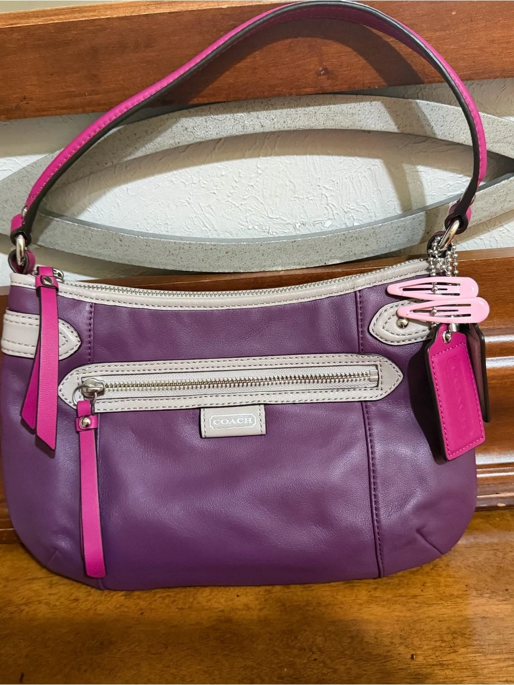 Coach Purple Leather Shoulder Bag with Pink Accents